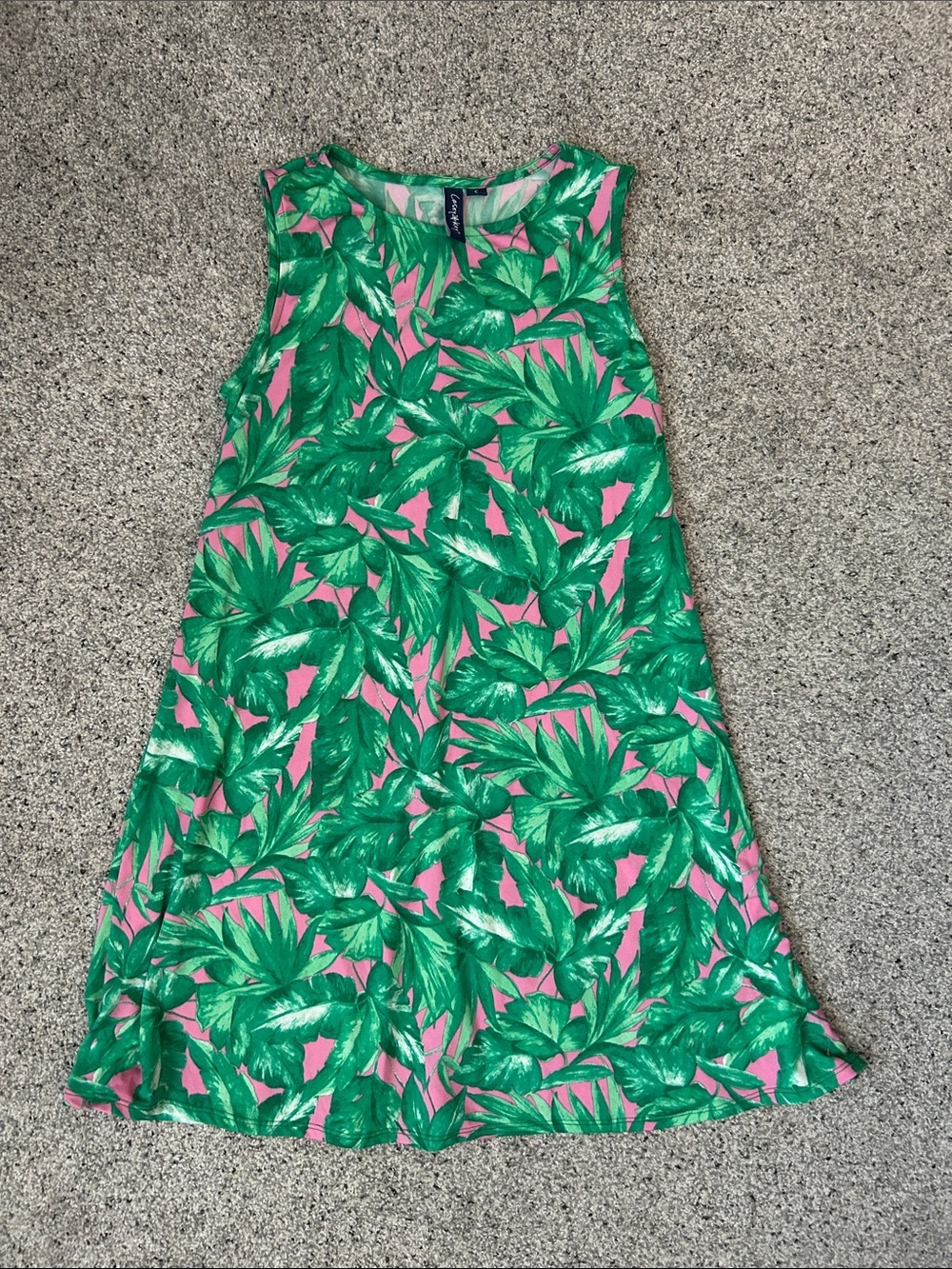 Tropical Leaf Sleeveless Mini Dress in Pink & Green